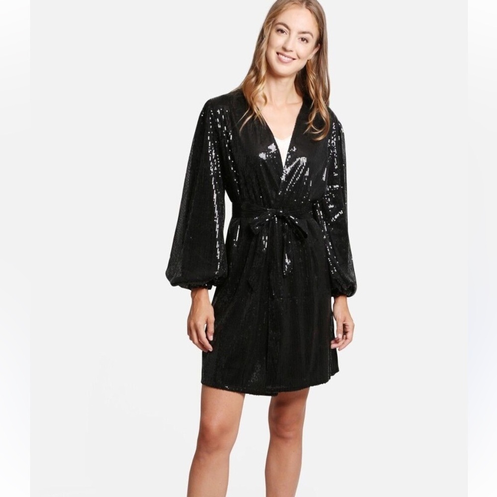 ComfyLuxe New With Tags Sequined Belted Balloon Sleeve Black Cover Up Dress.‎